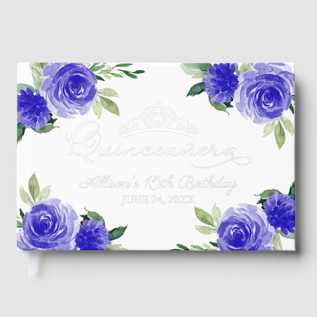 Dark Blue Floral Quinceanera Gästebuch (Vorderseite)