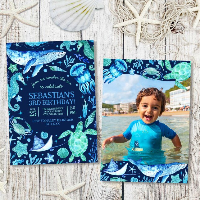 Dark Blue Foto Einladung (Under The Sea Ocean Sea Animal Dark Blue Photo Invitation)