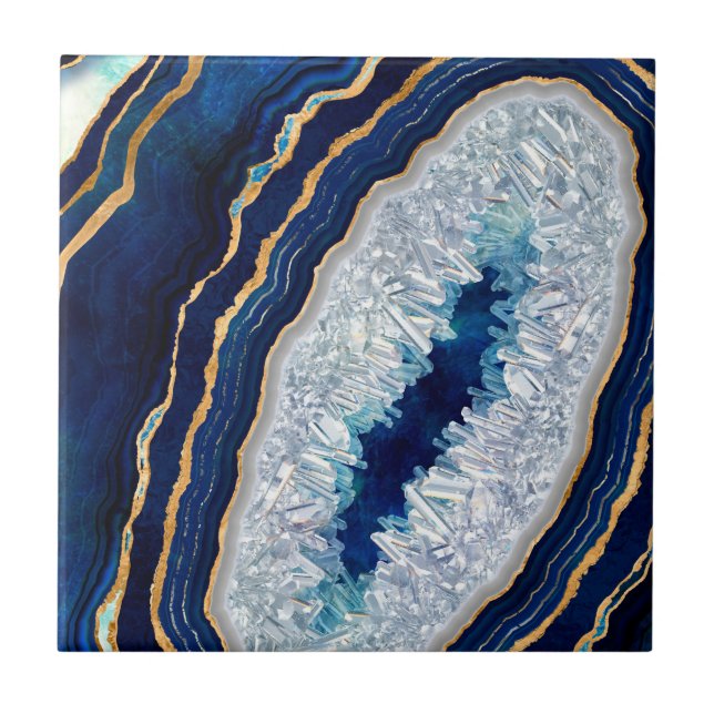Dark Blue Geode und Gold Digital Art Fliese (Vorderseite)