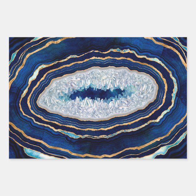 Dark Blue Geode und Gold Digital Art Geschenkpapier Set (Vorderseite)