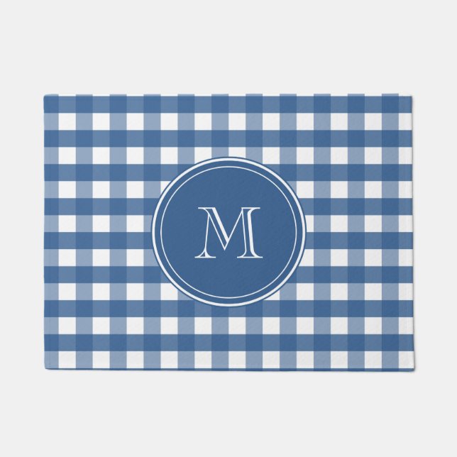 Dark Blue Gingham Kariert Monogram Welcome Fußmatte (Vorderseite)