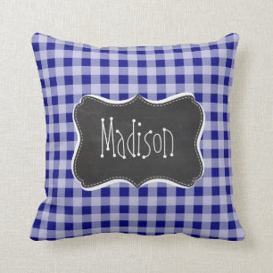 Dark Blue Gingham; Vintager Chalkboard-Look Kissen