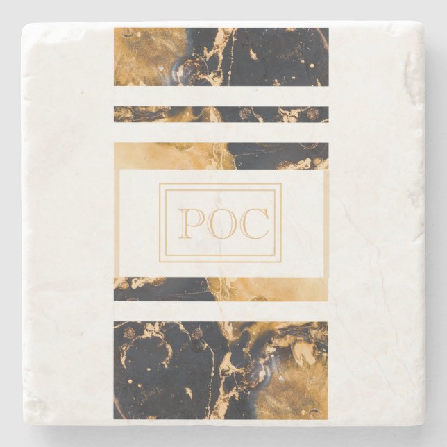 Dark Blue Gold Abstrakt Monogram Steinuntersetzer (Vorderseite)