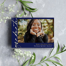 Dark Blue Gold Calligraphy Foto Abschluss Folieneinladung