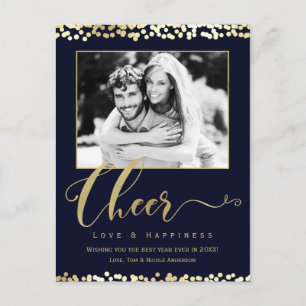 Dark Blue & Gold CHEER Confetti New Years Foto Feiertagspostkarte