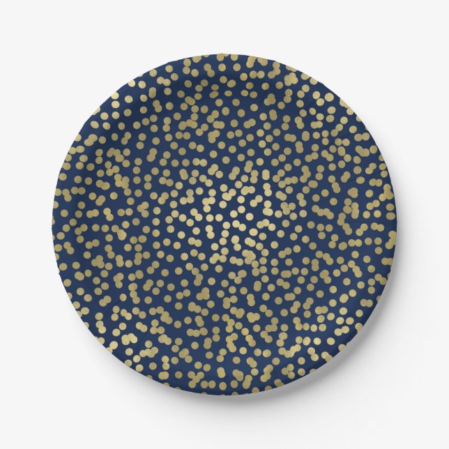 Dark Blue & Gold Dots Confetti Elegantes Glam Pappteller (Vorderseite)