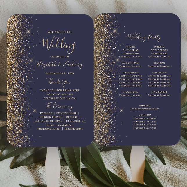 Dark Blue Gold Glitzer Edge Wedding Program Fächer (Von Creator hochgeladen)