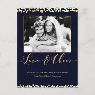 Dark Blue & Gold LIEBE & CHEER New Years Foto Feiertagspostkarte