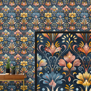 Dark Blue Gold Orange Art Nouveau Tapete