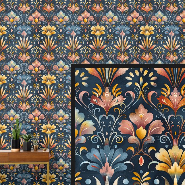 Dark Blue Gold Orange Art Nouveau Tapete (Von Creator hochgeladen)