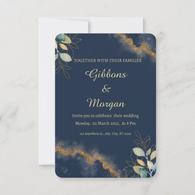 Dark Blue Gold Watercolor Wash Modern Wedding  Einladung (Vorderseite)