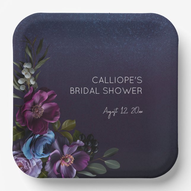 Dark Blue & Lila Floral Moody Bridal Brunch Pappteller (Vorderseite)