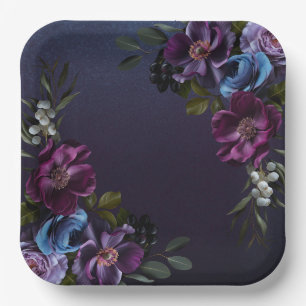 Dark Blue & Lila Floral Moody Bridal Brunch Pappteller