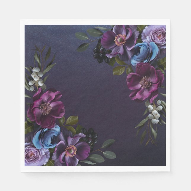 Dark Blue & Lila Floral Moody Bridal Brunch Serviette (Vorderseite)