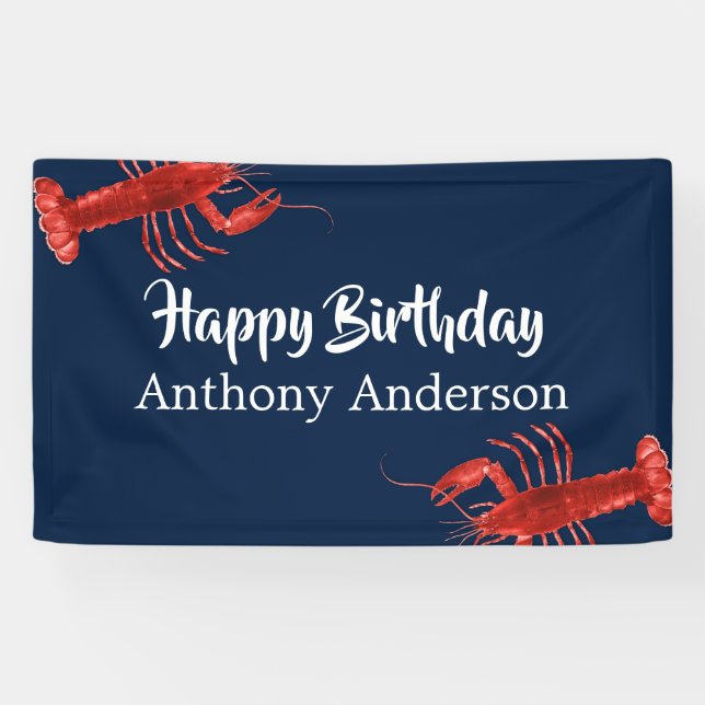 Dark Blue Lobster Themed Fun Birthday Party Custom Banner (Horizontal)