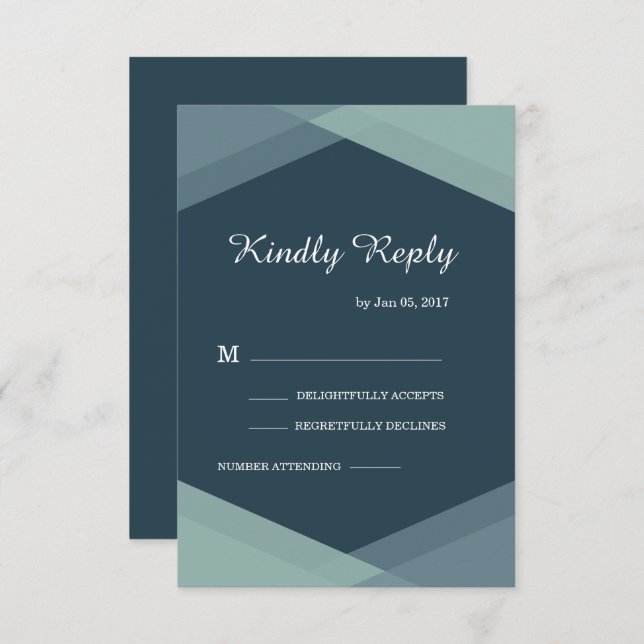 Dark Blue Mint Geometric Modern Wedding RSVP Einladung (Vorne/Hinten)