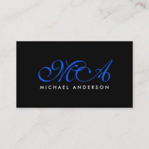 Dark Blue Monogram Elegant Script Black Background Visitenkarte