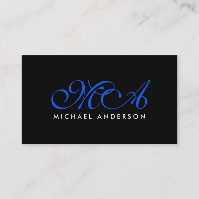 Dark Blue Monogram Elegant Script Black Background Visitenkarte (Vorderseite)