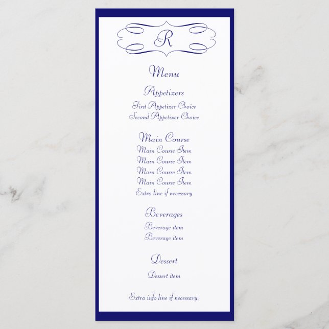 Dark Blue Monogram Wedding Menu Menükarte (Vorderseite)
