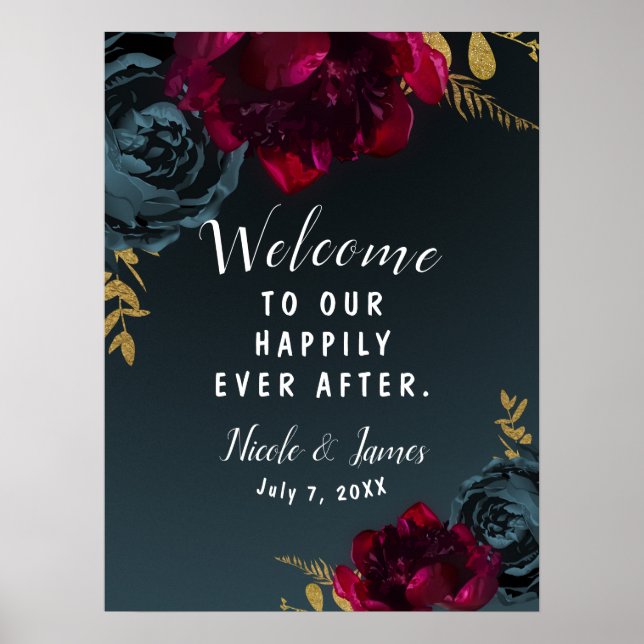 Dark Blue Moody Floral Gold Greenerity Wedding Sig Poster (Vorne)
