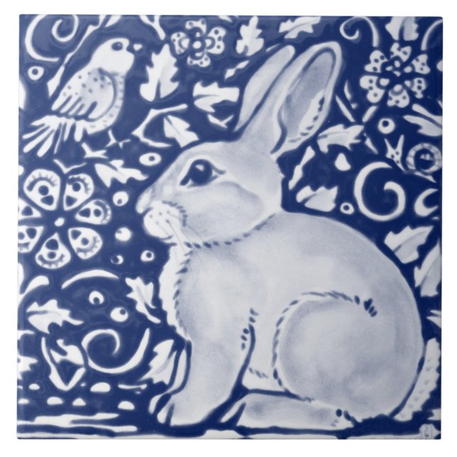 Dark Blue Navy Cobalt Rabbit Bird Chinoiserie  Fliese (Vorderseite)