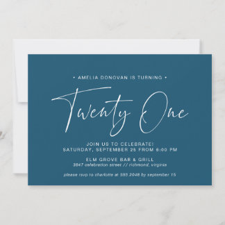 Dark Blue Navy | Simple Script 21st Birthday Party Einladung