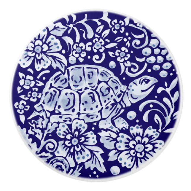 Dark Blue Niedlich Turtle Woodland Animal Floral Keramikknauf (Vorderseite)