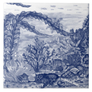 Dark Blue Ocean Scene Octopus Mural PC#5 Fliese