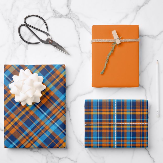 Dark Blue, Orange & Sky Blue Kariert Geschenkpapier Set (Vorderseite)