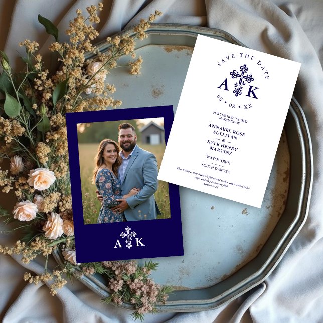 Dark Blue Ornate Christian Cross Wedding Initials Save The Date (Dark Blue Ornate Christian Cross Minimalist Wedding Save the Date Cards with Initials and Back Photo)