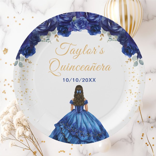 Dark Blue Princess Floral Quinceañera Pappteller (Von Creator hochgeladen)