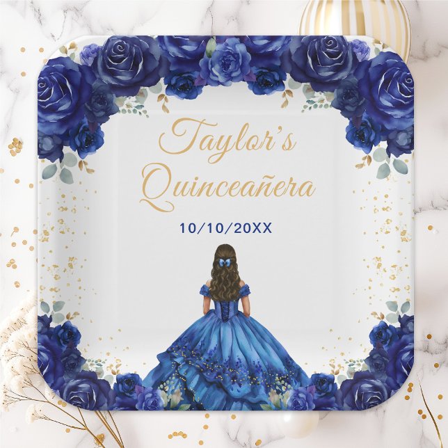 Dark Blue Princess Floral Quinceañera Pappteller (Von Creator hochgeladen)