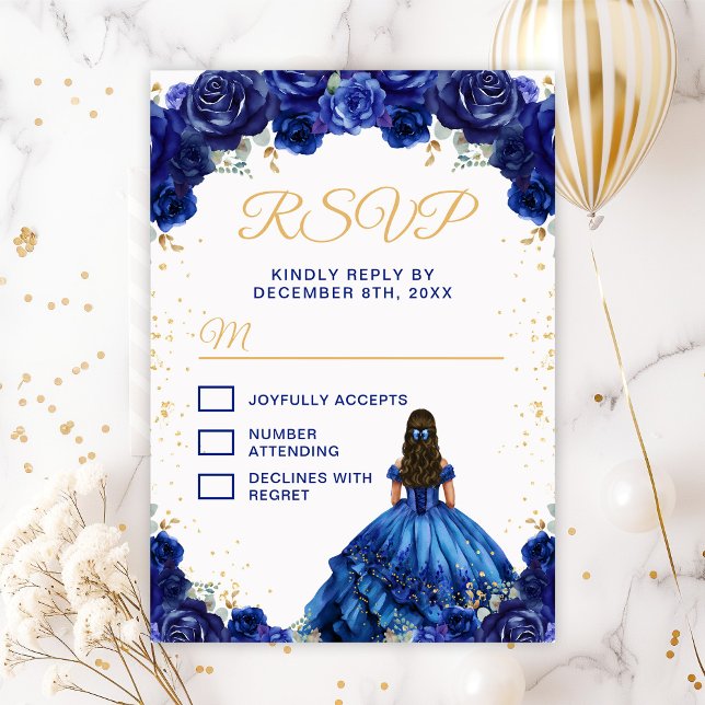 Dark Blue Princess Floral Quinceañera RSVP Karte (Von Creator hochgeladen)