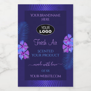 Dark Blue Product Label Exotic Purple Flowers Logo Lebensmitteletikett