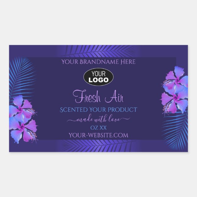 Dark Blue Product Label Exotic Purple Flowers Logo Rechteckiger Aufkleber (Vorderseite)