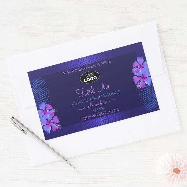 Dark Blue Product Label Exotic Purple Flowers Logo Rechteckiger Aufkleber (Umschlag)