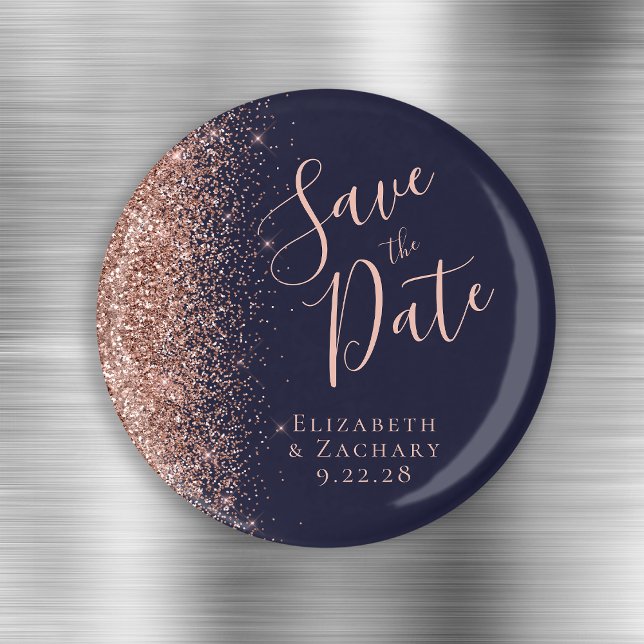 Dark Blue Rose Gold Glitzer Script Save the Date Magnet (Von Creator hochgeladen)