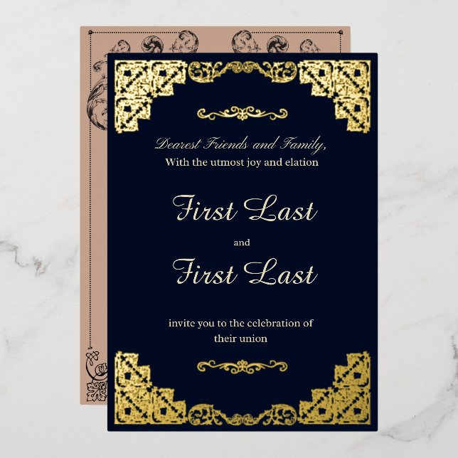Dark Blue Royalty Wedding Foil Einladung (Vorderseite/Rückseite)