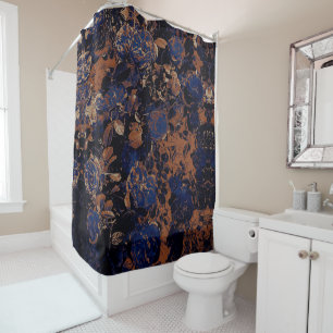 Dark Blue Rust Graphic Rose floral Duschvorhang