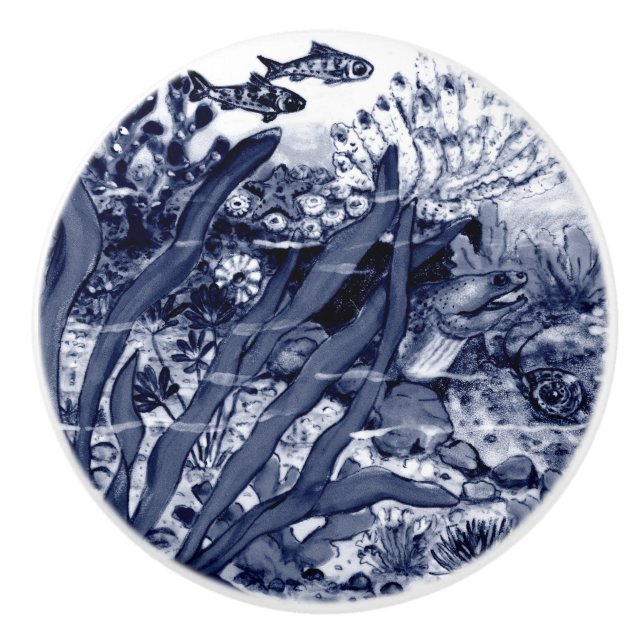 Dark Blue Sea Life Eel Muscheln Korallenriff Keramikknauf (Vorderseite)