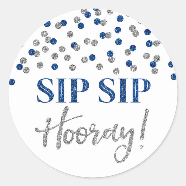 Dark Blue Silver Confetti Sip Hooray Runder Aufkleber (Vorderseite)