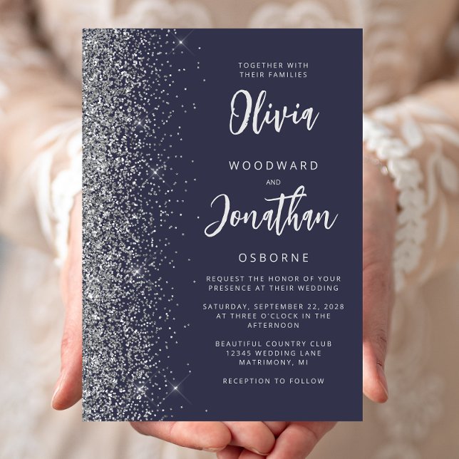 Dark Blue Silver Glitzer Calligraphy Wedding Einladung (Von Creator hochgeladen)