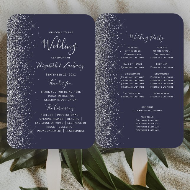 Dark Blue Silver Glitzer Edge Wedding Program Fächer (Von Creator hochgeladen)