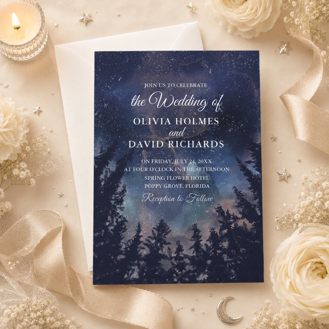 Dark Blue Starry Night Forest Wedding Einladung (Celestial Starry Night Forest Wedding Invitation on an elegant celestial wedding table)