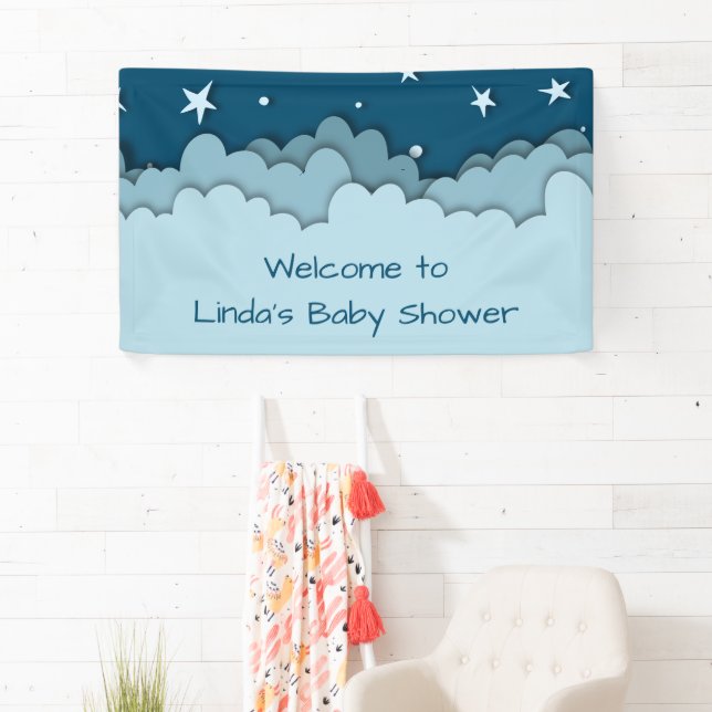 Dark Blue Stars Celestial Welcome Baby Dusche Banner (Insitu)