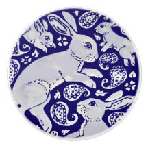Dark Blue Tancing Rabbits Whimsical Paisley Bunny