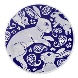Dark Blue Tancing Rabbits Whimsical Paisley Bunny Keramikknauf