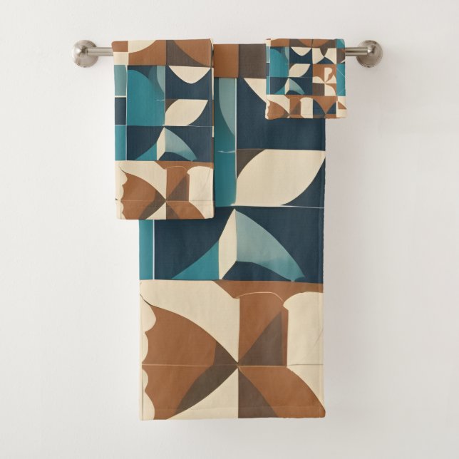 Dark Blue, Teal, Brown, and Tan Geometric Pattern Badhandtuch Set (Insitu)