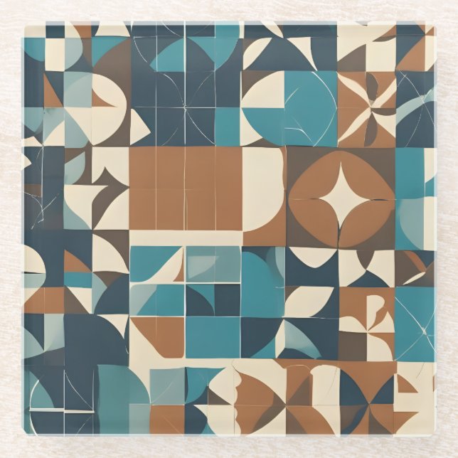 Dark Blue, Teal, Brown, and Tan Geometric Pattern Glasuntersetzer (Vorderseite)
