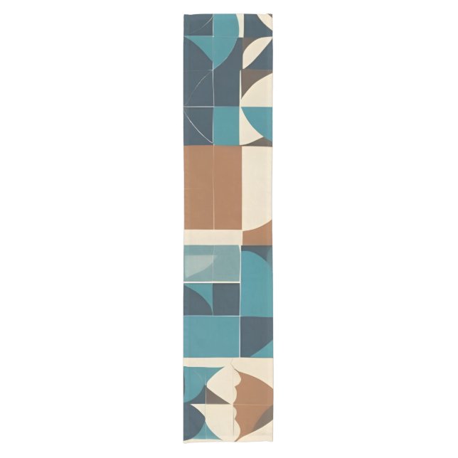 Dark Blue, Teal, Brown, and Tan Geometric Pattern Kurzer Tischläufer (Vorderseite)